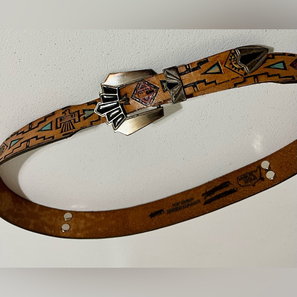 Native American Southwestern Style Tan Leather Belt with Silver Buckle - Picture 3 of 15